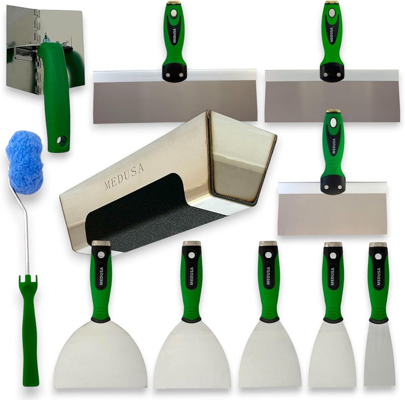 MEDUSA S.S. Drywall Taping Tool Set with Adjustable and reversible S.S. Angle Tool, Removable and Replaceable Corner Mud Roller and Professional Grade S.S. Mud Pan with Grip - Image 1